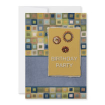 Carpet Tiles and Sprockets Birthday Party Announcement