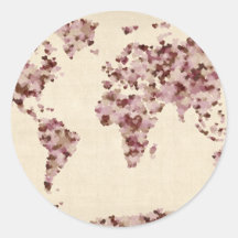 Carte de coeurs d'amour de la carte du monde adhésif rond