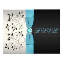 Carte- de réponse florale IMPRIMÉE de noir d'Aqua  Invitation Personnalisée