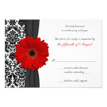 Carte- de réponse noire rouge de mariage damassé d invitations personnalisables