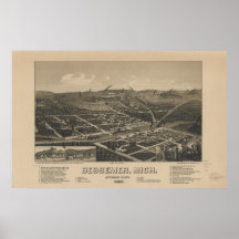 Carte panoramique antique Bessemer Michigan 1886 Affiches