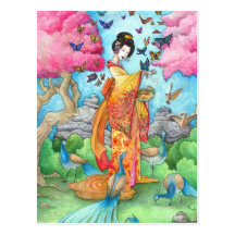 Carte postale d'art de paon de papillon de geisha 