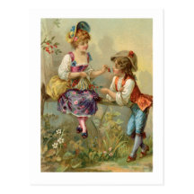 carte postale deux enfants cueillette des cerises