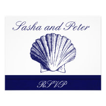 Cartes du mariage de plage de Shell de bleu marine Cartons D'invitation Personnalisés
