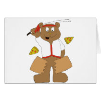 Cartoon Bear Slicing Pepperoni Pizza cards