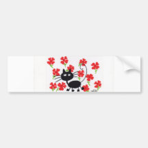 Cartoon Black Cat and red flowers Bumper Stickers