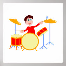 Cartoon boy playing drumset jagged edges posters
