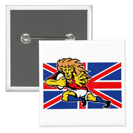 Cartoon British Lion rugby fending off GB flag Pinback Buttons