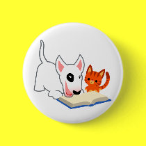 Cartoon Bullie and Kitty with Book Button Badge