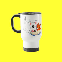 Cartoon Bullie and Kitty with Book Commuter Mug