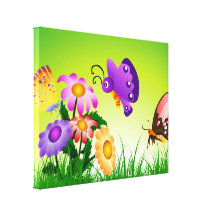 Cartoon Butterflies on Flowers Canvas Stretched Canvas Print