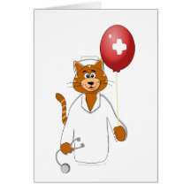 Cartoon Cat Nurse with Balloon Greeting Cards