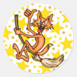 Cartoon Cat Riding Witches Broom Stickers