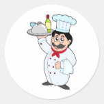 Cartoon chef holding meal and wine round stickers
