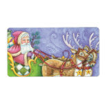 Cartoon Christmas, Santa Claus Sleigh Reindeer Custom Shipping Label