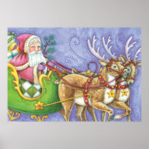 Cartoon Christmas, Santa Claus Sleigh Reindeer Print