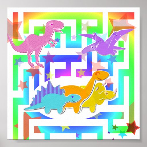 Cartoon Dinosaurs in a colour Maze Poster Print