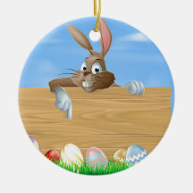 Cartoon Easter bunny pointing Christmas Tree Ornament