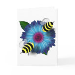Cartoon Honey Bees Meeting on Blue Flower Greeting Card