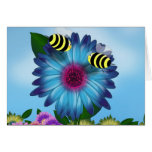 Cartoon Honey Bees Meeting on Blue Flower Greeting Cards