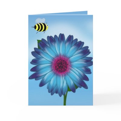 Cartoon Honey Bees Meeting on Blue Flower Greeting Card by gravityx9