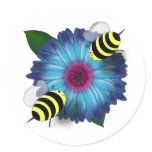 Cartoon Honey Bees Meeting on Blue Flower Round Sticker