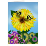 Cartoon Honey Bees Meeting on Yellow Flower Cards