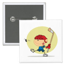 cartoon kid playing ice hockey design pinback button