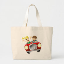 Cartoon man and woman in car bag