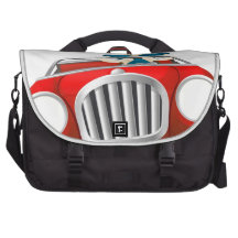 Cartoon man driving fast car laptop shoulder bag
