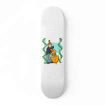Cartoon man playing upright bass by backdrop skate board deck