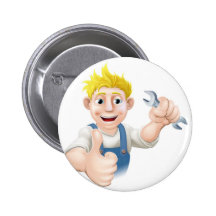 Cartoon mechanic or plumber with wrench pinback button
