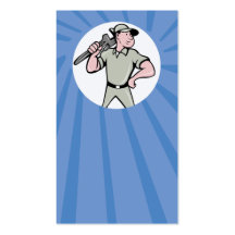 Cartoon Plumber with monkey wrench Business Card Templates