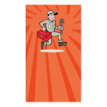 Cartoon Plumber with monkey wrench running Business Card Template