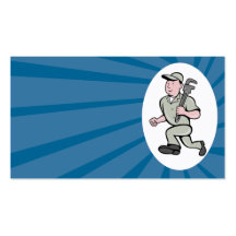 Cartoon Plumber with monkey wrench running Business Card Template