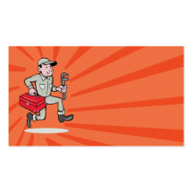 Cartoon Plumber with monkey wrench running Business Cards