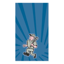 Cartoon Plumber with monkey wrench running Business Card Template
