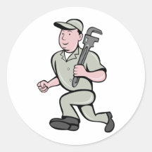 Cartoon Plumber with monkey wrench running Round Stickers