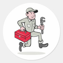 Cartoon Plumber with monkey wrench running Stickers