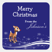 Cartoon Reindeer Christmas Gift Tags Square Stickers