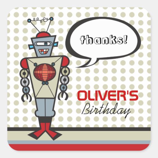 Cartoon Retro Robot Cute Kids Boy Birthday Party Square Sticker