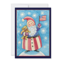 Cartoon Santa Claus American Flag Teddy Bear Custom Invite