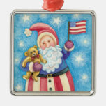Cartoon Santa Claus American Flag Teddy Bear Christmas Tree Ornament