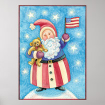 Cartoon Santa Claus American Flag Teddy Bear Posters