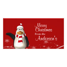 Cartoon Santa Claus Penguin Christmas Greetings Custom Photo Card