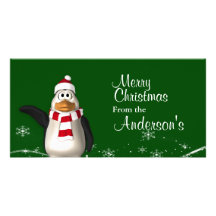 Cartoon Santa Claus Penguin Christmas Greetings Customized Photo Card