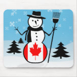 Cartoon Snowman in Field of Snow and Canada Flag Mousepad