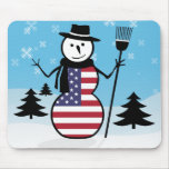 Cartoon Snowman in Field of Snow in US Flag Mousepad