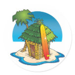 Cartoon Tiki Hut with Surfboard and Palm