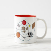 Cartoon toddler boy dreaming of sport's balls mugs